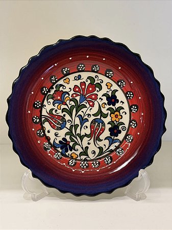 Prato de Parede Pequeno - Turquia - Decorativo - Cerâmica - Alto Relevo - Roxo, Vermelho e Colorido