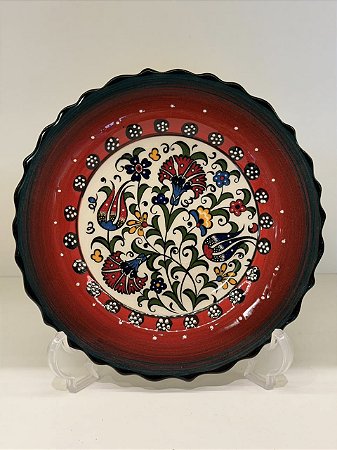 Prato de Parede Pequeno - Turquia - Decorativo - Cerâmica - Alto Relevo - Verde, Vermelho e Colorido