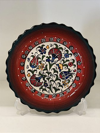 Prato de Parede Pequeno - Turquia - Decorativo - Cerâmica - Alto Relevo - Verde, Vermelho e Colorido