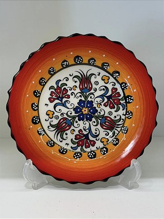 Prato de Parede Pequeno - Turquia - Decorativo - Cerâmica - Alto Relevo - Laranja e Colorido