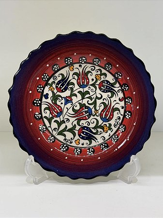 Prato de Parede Pequeno - Turquia - Decorativo - Cerâmica - Alto Relevo - Roxo, Vermelho e Colorido