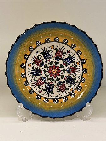 Prato de Parede Pequeno - Turquia - Decorativo - Cerâmica - Alto Relevo - Azul, Amarelo e Colorido