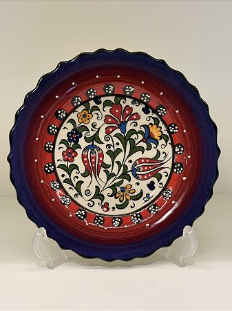 Prato de Parede Pequeno - Turquia - Decorativo - Cerâmica - Alto Relevo - Roxo, Vermelho e Colorido