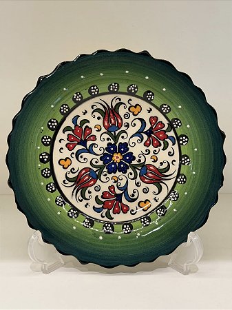 Prato de Parede Pequeno - Turquia - Decorativo - Cerâmica - Alto Relevo - Verde e Colorido