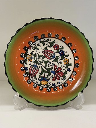 Prato de Parede Pequeno - Turquia - Decorativo - Cerâmica - Alto Relevo - Verde, Laranja e Colorido