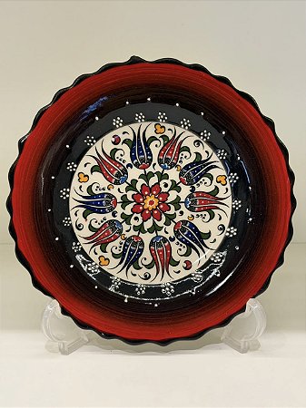 Prato de Parede Pequeno - Turquia - Decorativo - Cerâmica - Alto Relevo - Vermelho, Preto e Colorido