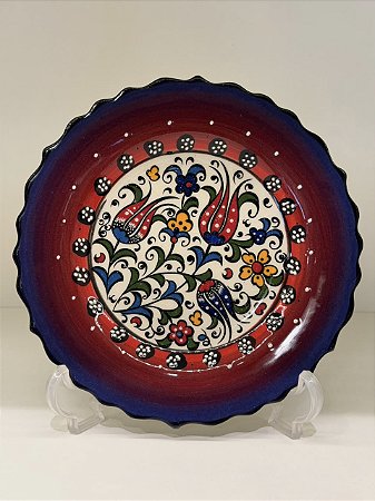 Prato de Parede Pequeno - Turquia - Decorativo - Cerâmica - Alto Relevo - Roxo, Vermelho e Colorido