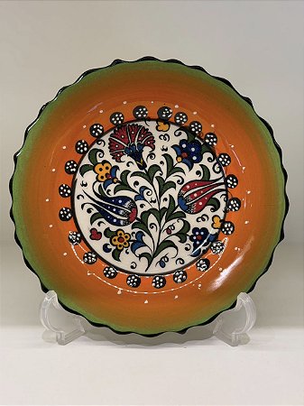 Prato de Parede Pequeno - Turquia - Decorativo - Cerâmica - Alto Relevo - Verde, Laranja e Colorido
