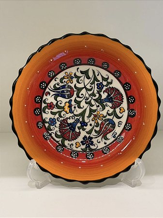 Prato de Parede Pequeno - Turquia - Decorativo - Cerâmica - Alto Relevo - Laranja e Colorido