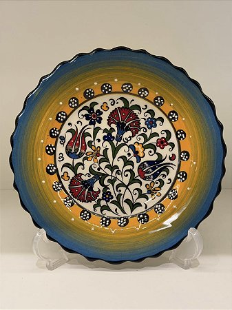 Prato de Parede Pequeno - Turquia - Decorativo - Cerâmica - Alto Relevo - Azul, Amarelo e Colorido