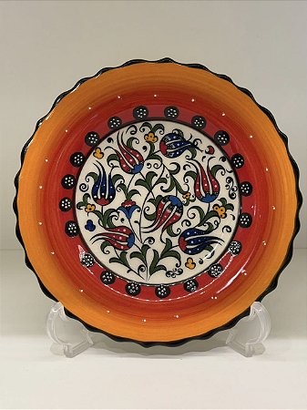 Prato de Parede Pequeno - Turquia - Decorativo - Cerâmica - Alto Relevo - Laranja e Colorido