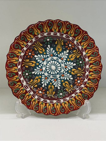 Prato de Parede Pequeno - Turquia - Decorativo - Cerâmica - Alto Relevo - Vermelho, Turquesa e Colorido