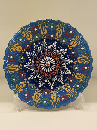 Prato de Parede Pequeno - Turquia - Decorativo - Cerâmica - Alto Relevo - Azul e Colorido