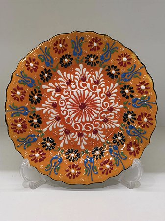 Prato de Parede Pequeno - Turquia - Decorativo - Cerâmica - Alto Relevo - Laranja e Colorido
