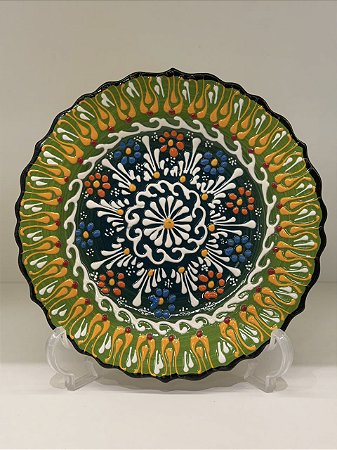 Prato de Parede Pequeno - Turquia - Decorativo - Cerâmica - Alto Relevo - Verde e Colorido