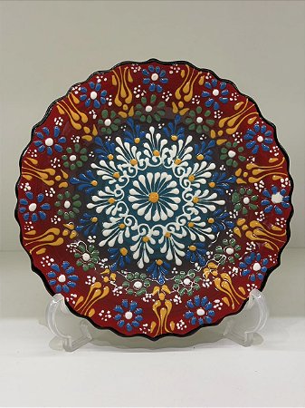 Prato de Parede Pequeno - Turquia - Decorativo - Cerâmica - Alto Relevo - Vermelho, Turquesa e Colorido