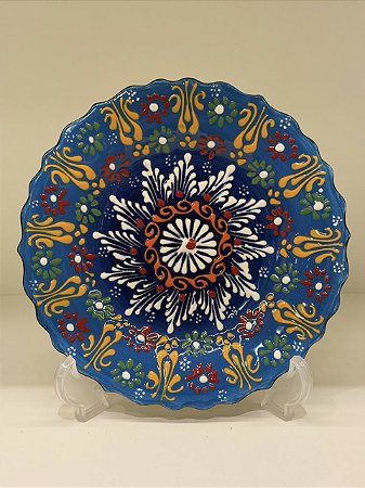 Prato de Parede Pequeno - Turquia - Decorativo - Cerâmica - Alto Relevo - Azul e Colorido