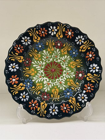Prato de Parede Pequeno - Turquia - Decorativo - Cerâmica - Alto Relevo - Verde e Colorido