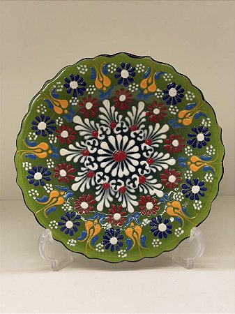 Prato de Parede Pequeno - Turquia - Decorativo - Cerâmica - Alto Relevo - Verde e Colorido