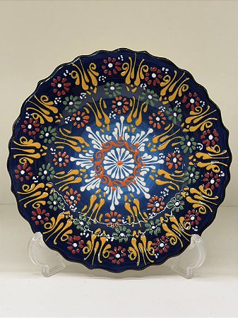 Prato de Parede Pequeno - Turquia - Decorativo - Cerâmica - Alto Relevo - Azul e Colorido
