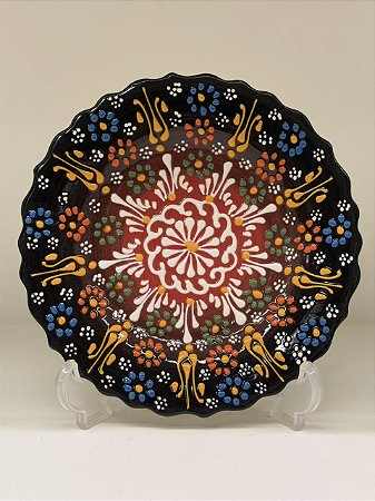 Prato de Parede Pequeno - Turquia - Decorativo - Cerâmica - Alto Relevo - Preto, Vermelho e Colorido