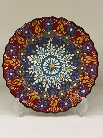 Prato de Parede Pequeno - Turquia - Decorativo - Cerâmica - Alto Relevo - Vermelho, Turquesa e Colorido