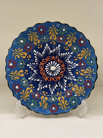 Prato de Parede Pequeno - Turquia - Decorativo - Cerâmica - Alto Relevo - Azul e Colorido