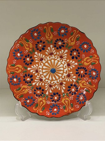 Prato de Parede Pequeno - Turquia - Decorativo - Cerâmica - Alto Relevo - Laranja e Colorido
