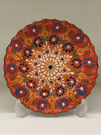 Prato de Parede Pequeno - Turquia - Decorativo - Cerâmica - Alto Relevo - Laranja e Colorido