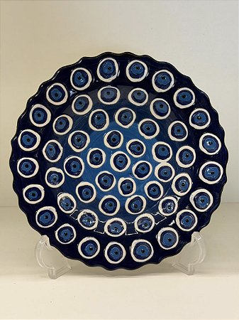 Prato de Parede Pequeno - Turquia - Decorativo - Cerâmica - Alto Relevo - Olho Grego - Azul e Branco