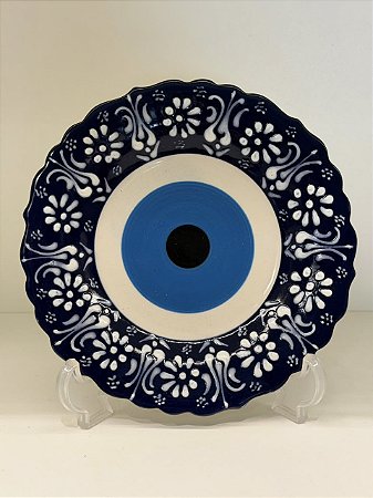 Prato de Parede Pequeno - Turquia - Decorativo - Cerâmica - Alto Relevo - Olho Grego - Azul e Branco