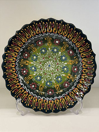 Prato de Parede Medio - Turquia - Decorativo - Cerâmica - Pintado à mão - Verde e Colorido