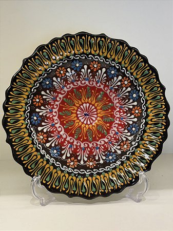 Prato de Parede Medio - Turquia - Decorativo - Cerâmica - Pintado à mão - Preto, Vermelho e Colorido