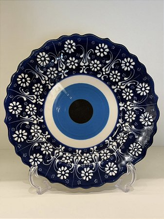 Prato de Parede Medio - Turquia - Decorativo - Cerâmica - Pintado à mão - Olho Grego - Azul e Branco