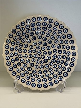 Prato de Parede Medio - Turquia - Decorativo - Cerâmica - Pintado à mão - Olho Grego - Branco e Azul