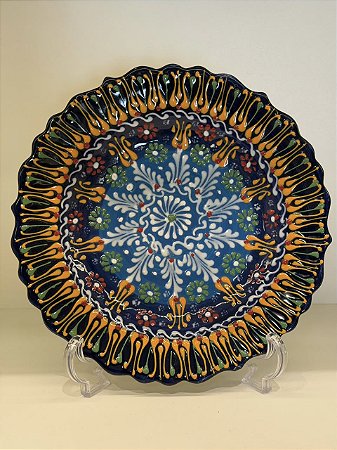 Prato de Parede Medio - Turquia - Decorativo - Cerâmica - Pintado à mão - Azul e Colorido