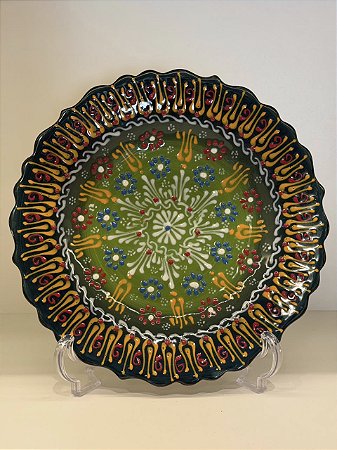 Prato de Parede Medio - Turquia - Decorativo - Cerâmica - Pintado à mão - Verde e Colorido