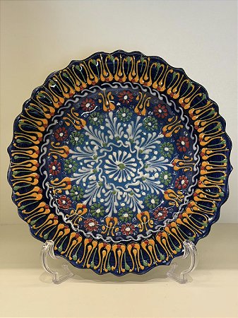 Prato de Parede Medio - Turquia - Decorativo - Cerâmica - Pintado à mão - Azul e Colorido