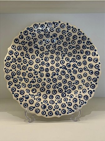 Prato de Parede Grande - Turquia - Decorativo - Cerâmica - Alto Relevo - Olho Grego - Branco e Azul