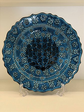 Prato de Parede Grande - Turquia - Decorativo - Cerâmica - Alto Relevo - Azul