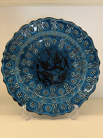 Prato de Parede Grande - Turquia - Decorativo - Cerâmica - Alto Relevo - Azul