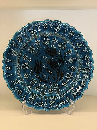 Prato de Parede Grande - Turquia - Decorativo - Cerâmica - Alto Relevo - Azul