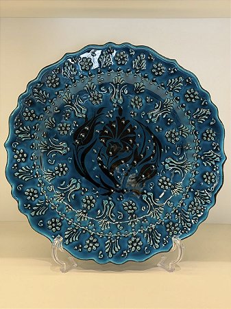 Prato de Parede Grande - Turquia - Decorativo - Cerâmica - Alto Relevo - Azul