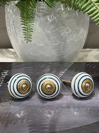 Puxador em Cerâmica - Pintado - Verde e Branco - Acabamento Dourado