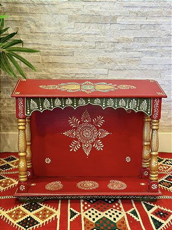 Escultura Altar Indiano - Decorativo - Pintado à mão - Vermelho e Colorido