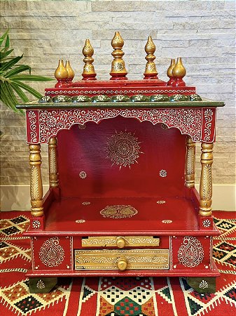 Escultura Altar Indiano - Decorativo - Com Gaveta - Pintado à mão - Vermelho e Colorido