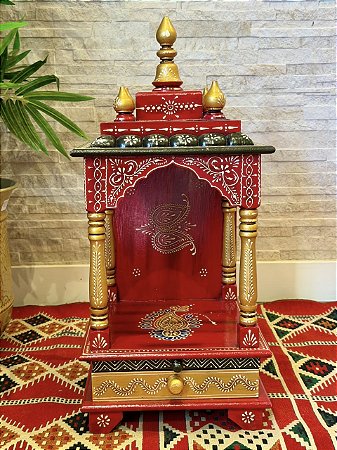 Escultura Altar Indiano - Decorativo - Com Gaveta - Pintado à mão - Vermelho e Colorido