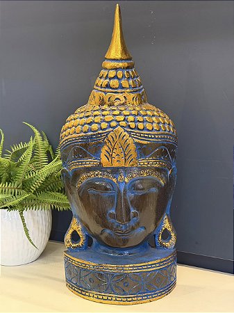 Cabeça Buda - Madeira - Marrom, Azul e Dourado