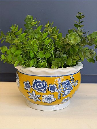 Cachepot em Cerâmica - Azul e Amarela - 20CM