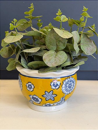 Cachepot em Cerâmica - Azul e Amarelo - 16CM